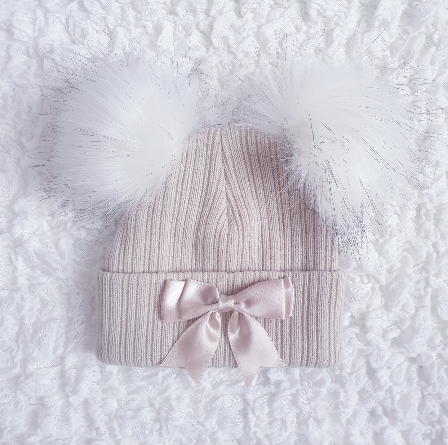 Beige Double Pom Bow Hat