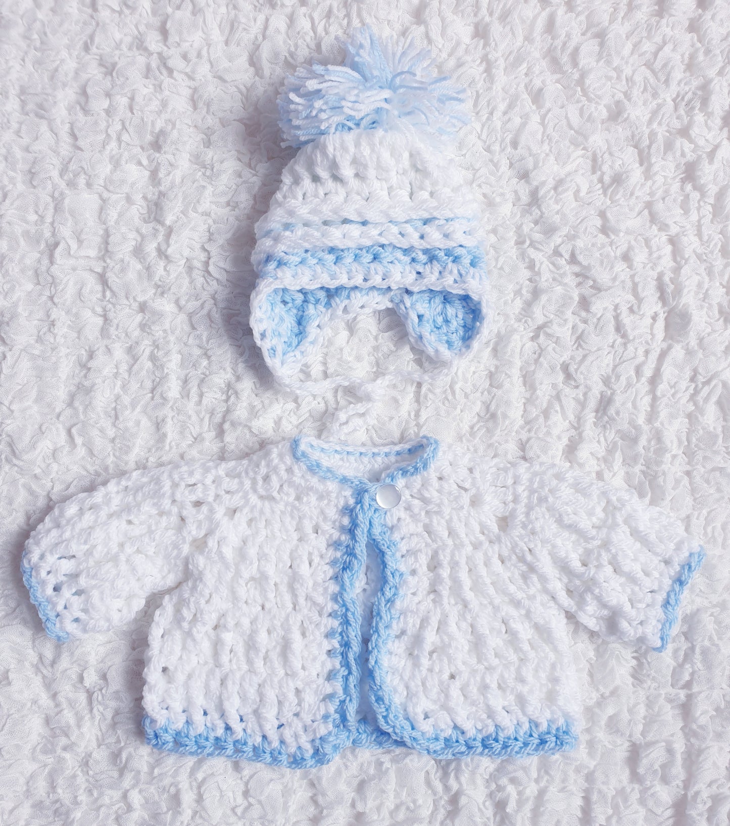 Baby Boys Newborn White/Blue Hand Knitted Cardigan & Hat Set