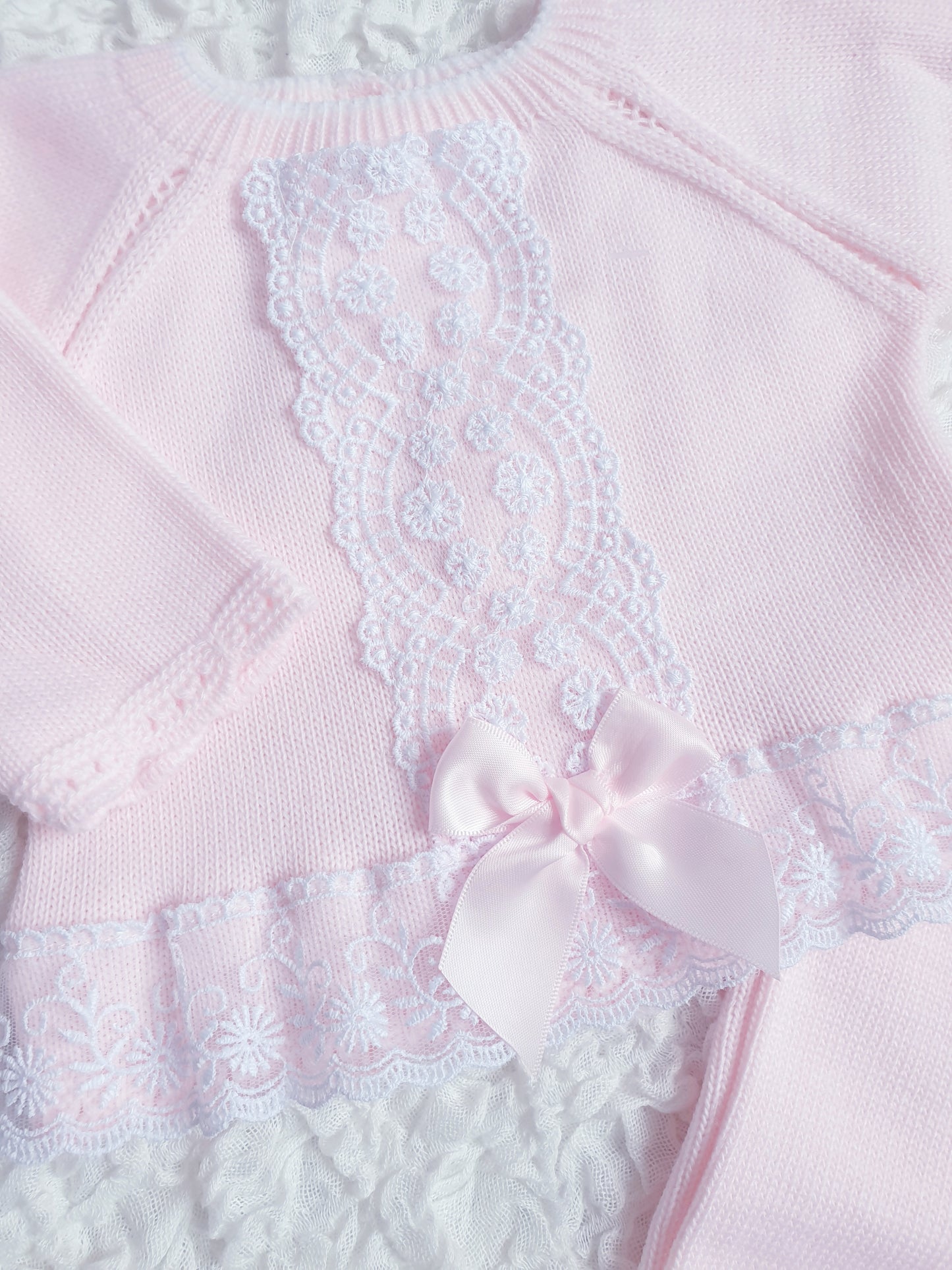 Baby Girls Pink Spanish Lace & Bow Knitted Set