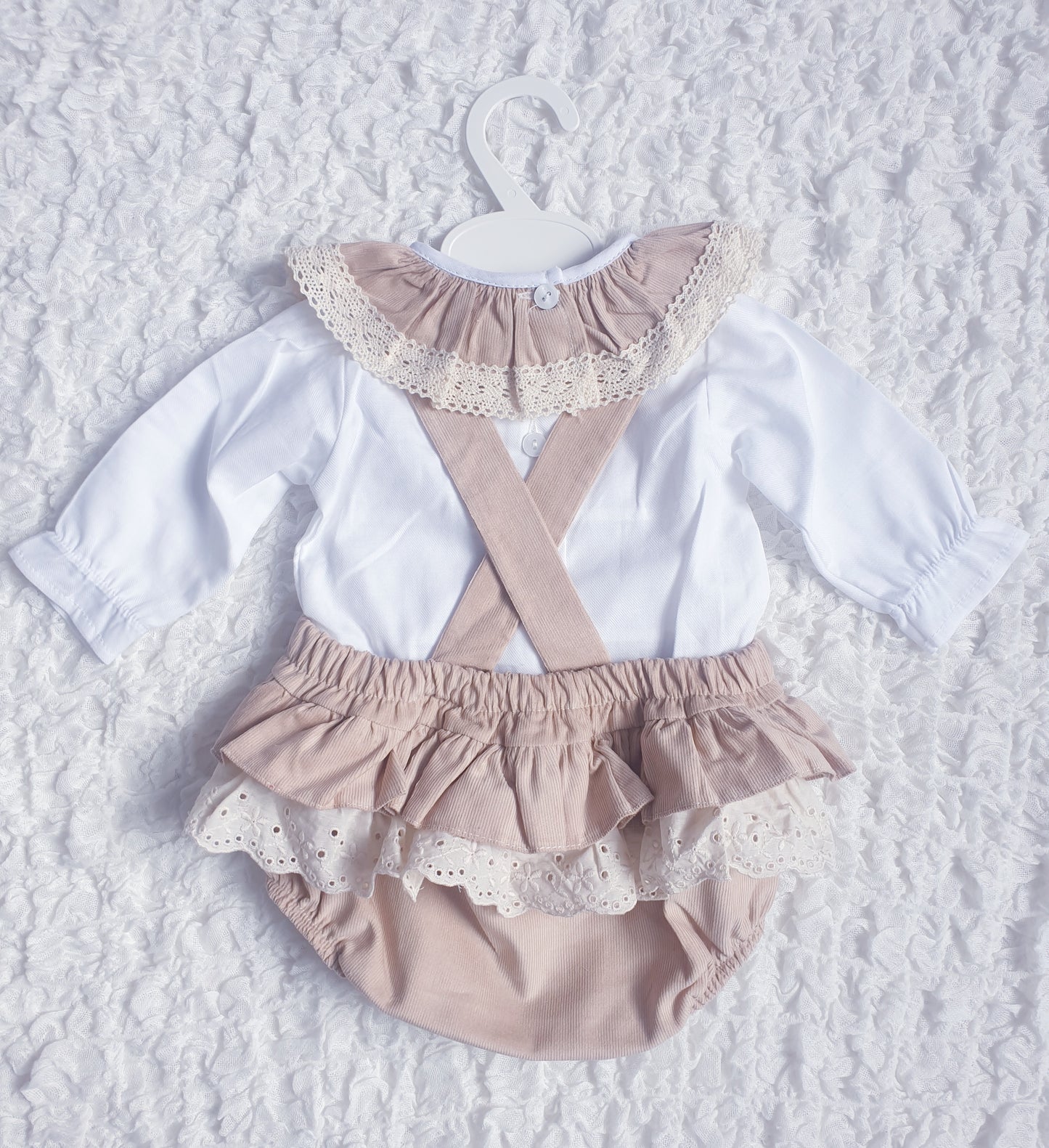 Girls Light Brown/ Cream Frill Romper & Frilly Collar Blouse
