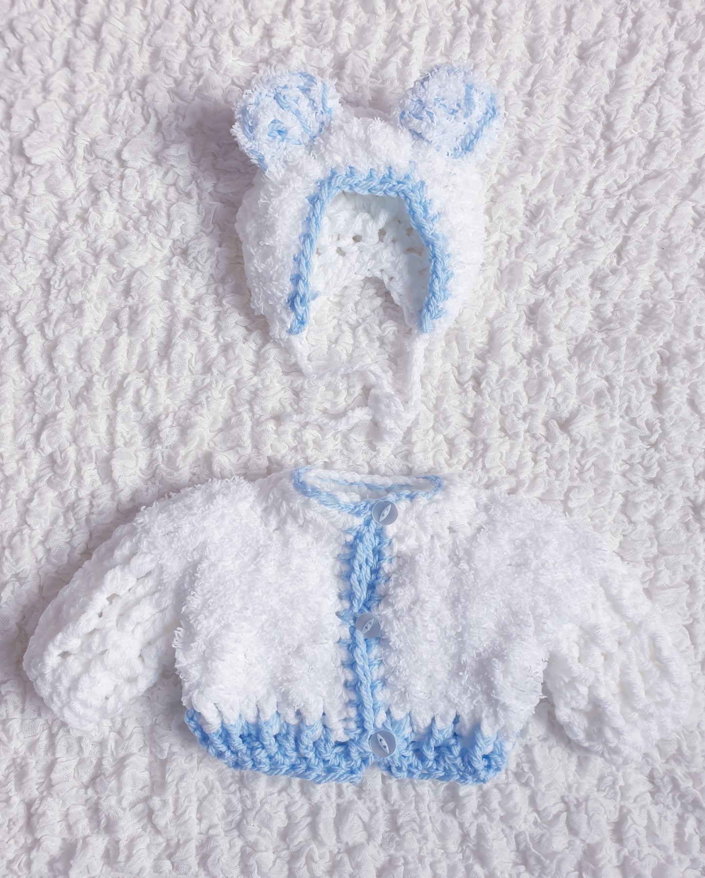 Baby Boys White/Blue Hand Knitted Cardigan & Teddy Ears Hat 0-3M