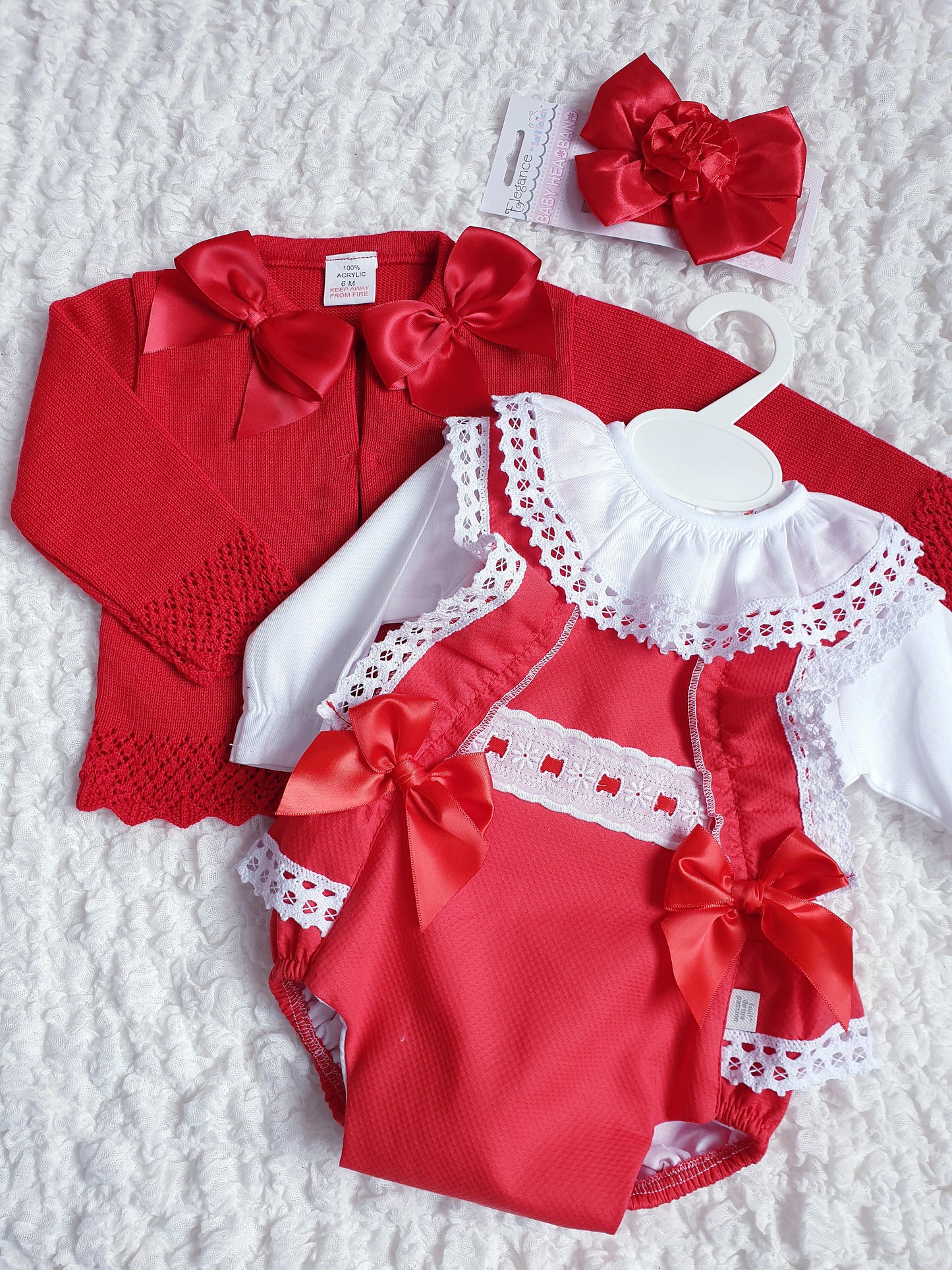 Girls Spanish Red Double Bow Romper & Frilly Collar Blouse