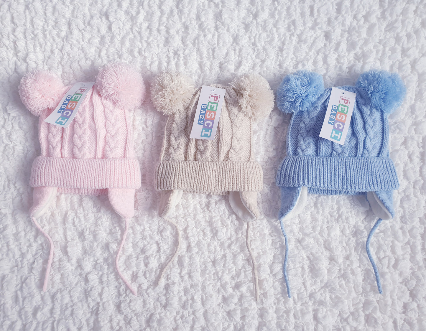 Baby Knitted Double Pom Pom Hat Pink/Beige/Blue