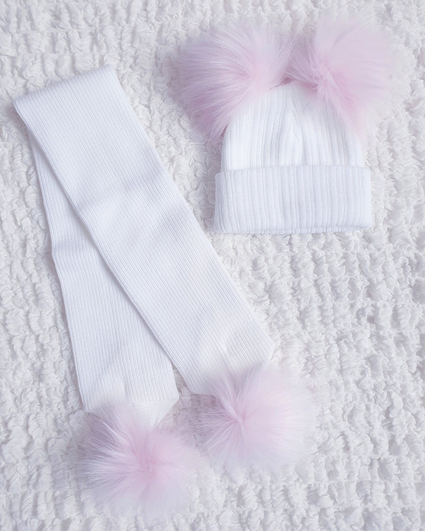 White/Pink Faux Fur Double Pom Hat & Scarf (sold separately)