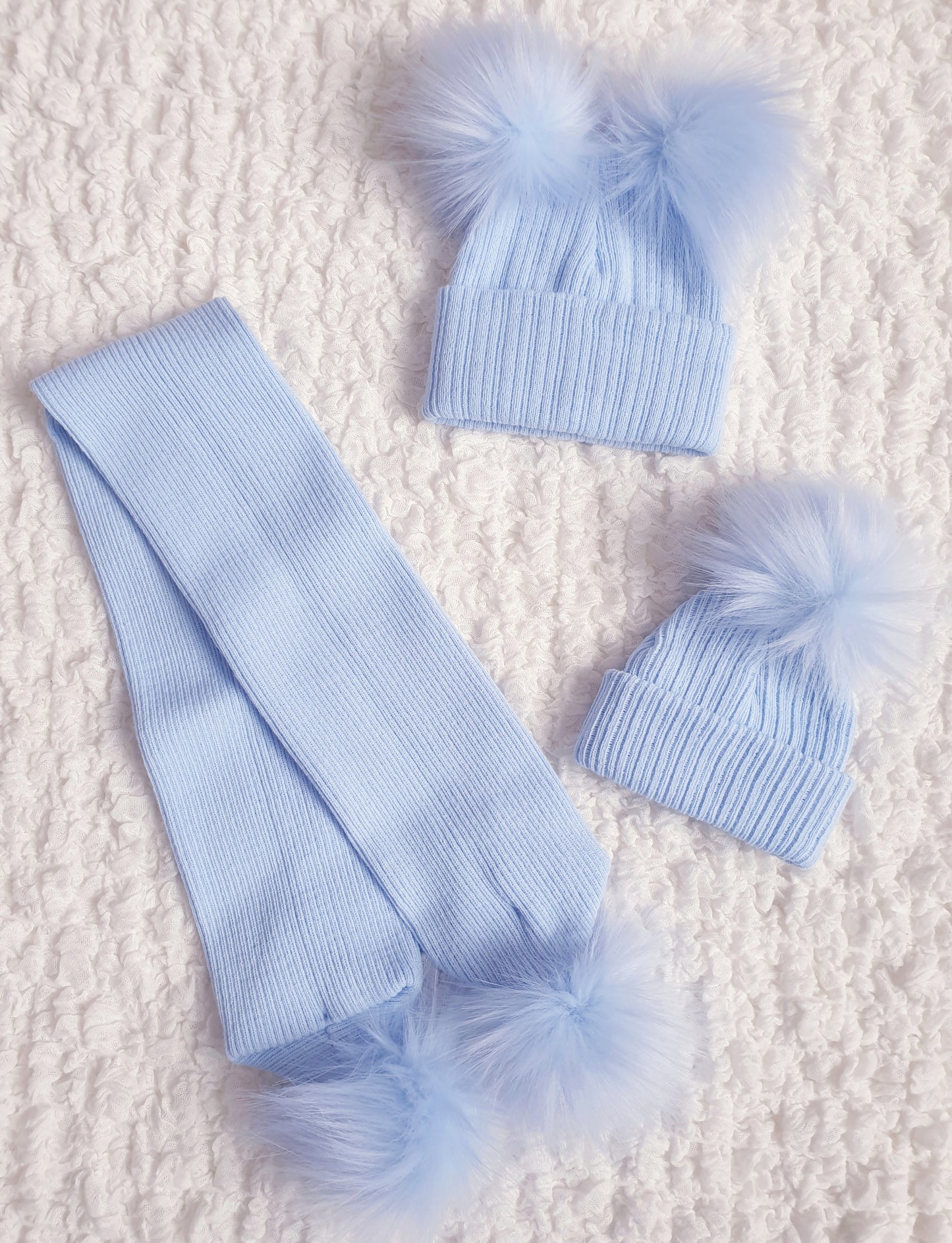 Blue Pom Pom Hats & Scarf (sold separately)