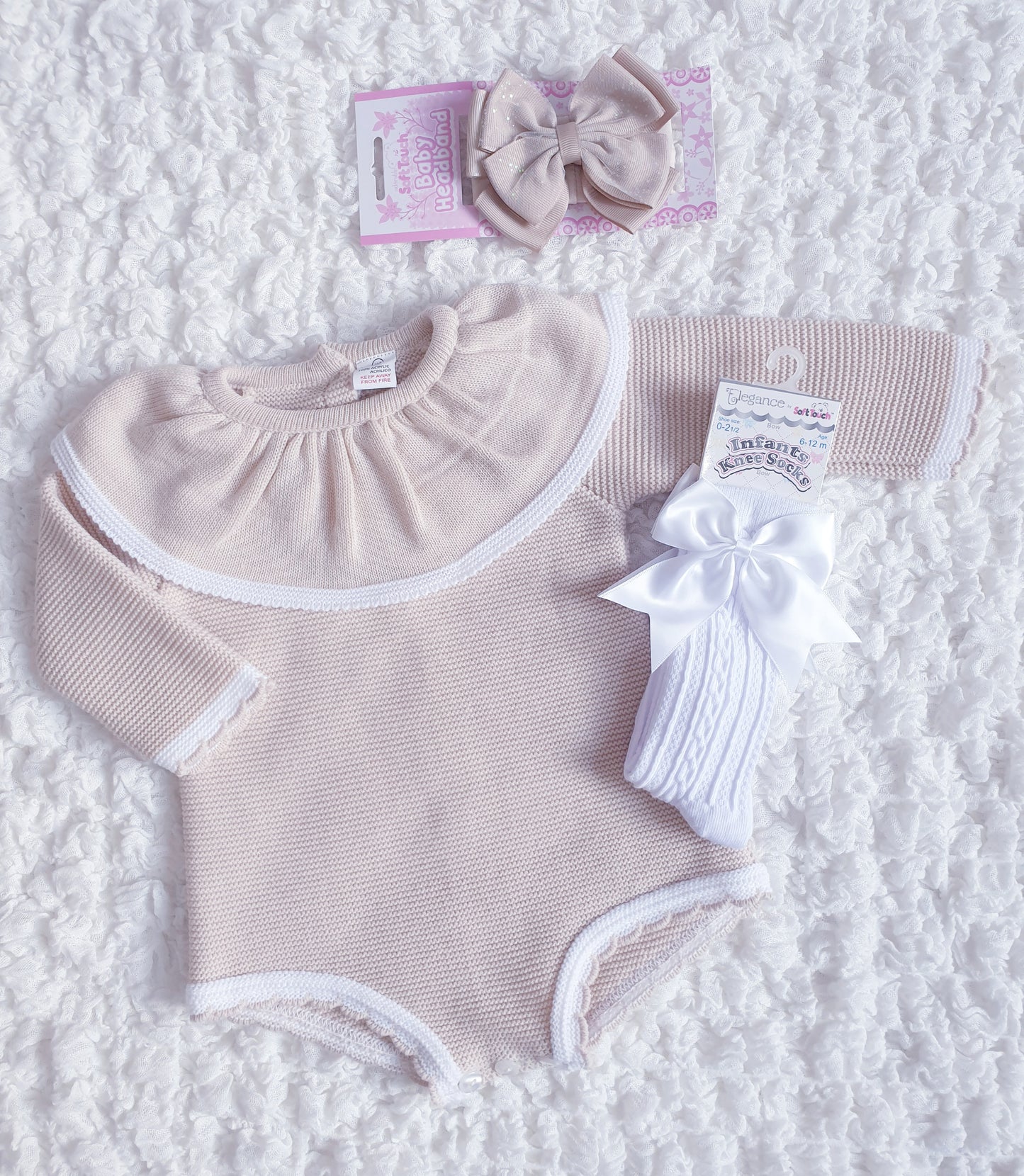 Baby Girls Spanish Knitted Romper Pink/Beige/Cream