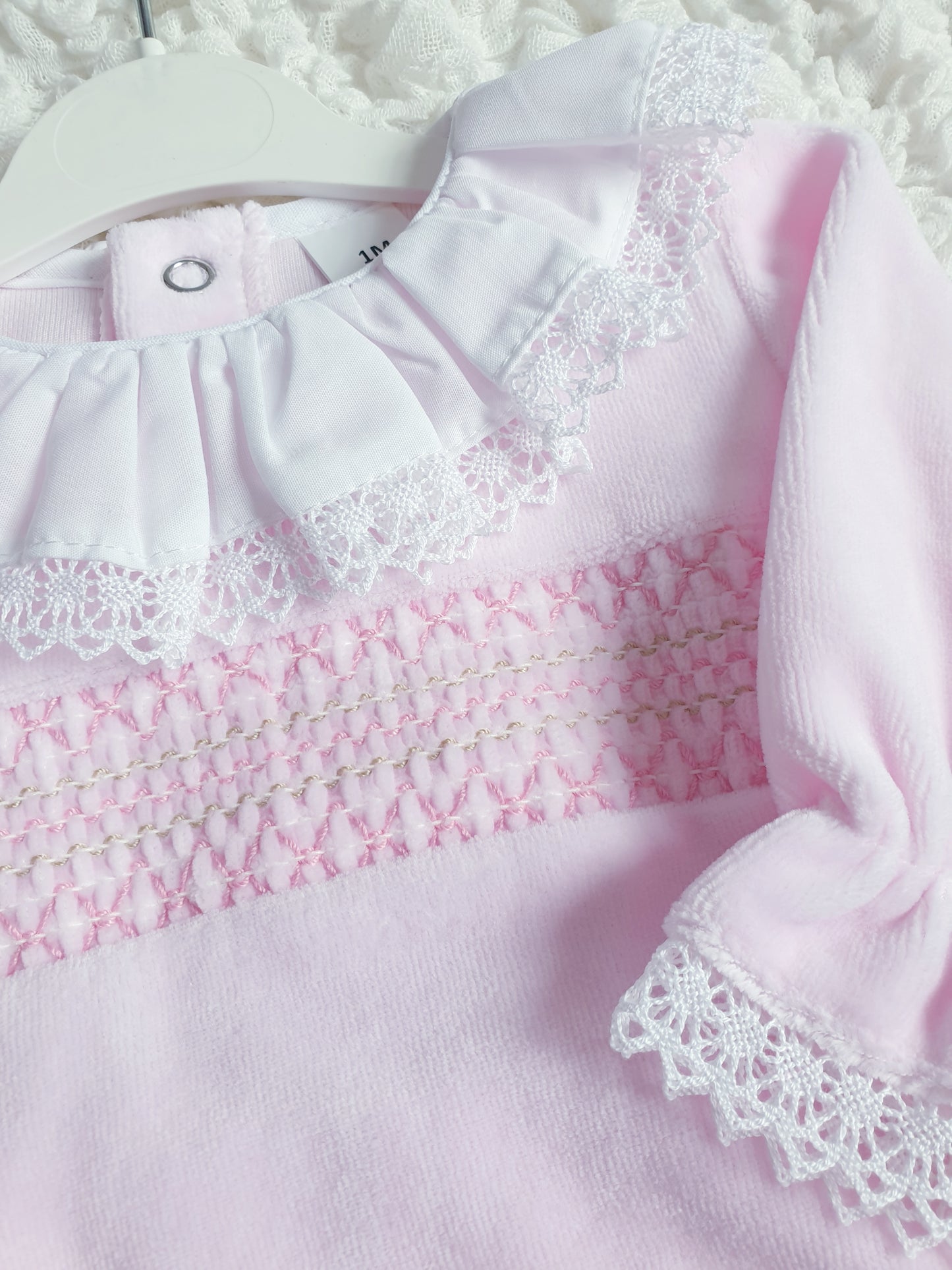 Baby Girls Spanish Smocked Velour 2 Piece Set Pink/White