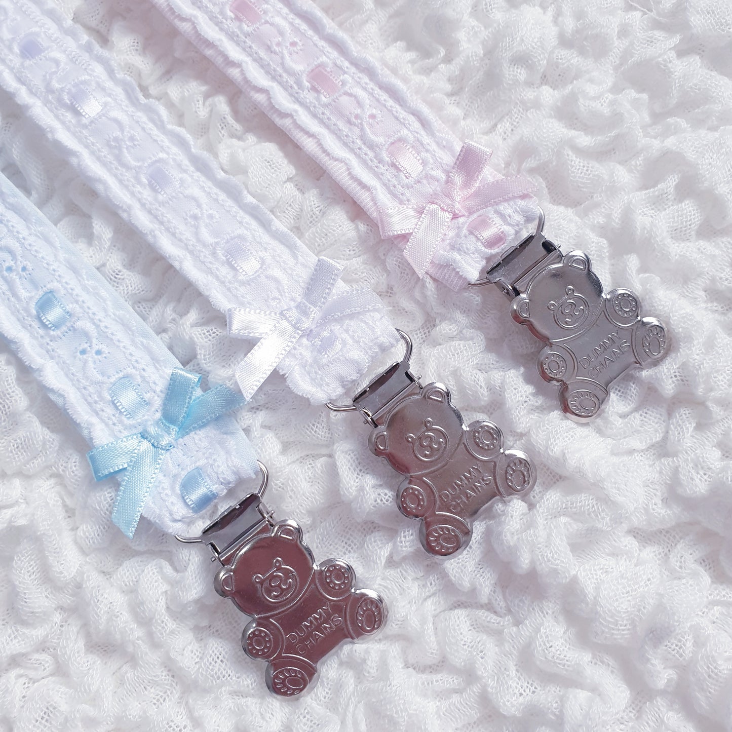 Baby Spanish Ribbon Slot Teddy Dummy Clips Pink/Blue/White