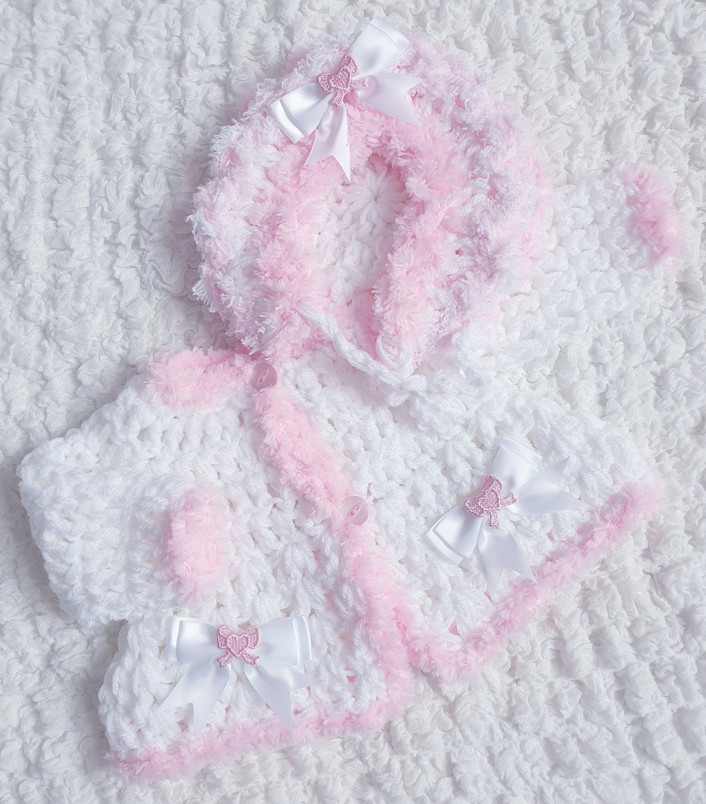 Baby Girls White/Pink Hand Knitted Cardigan & Hat Set