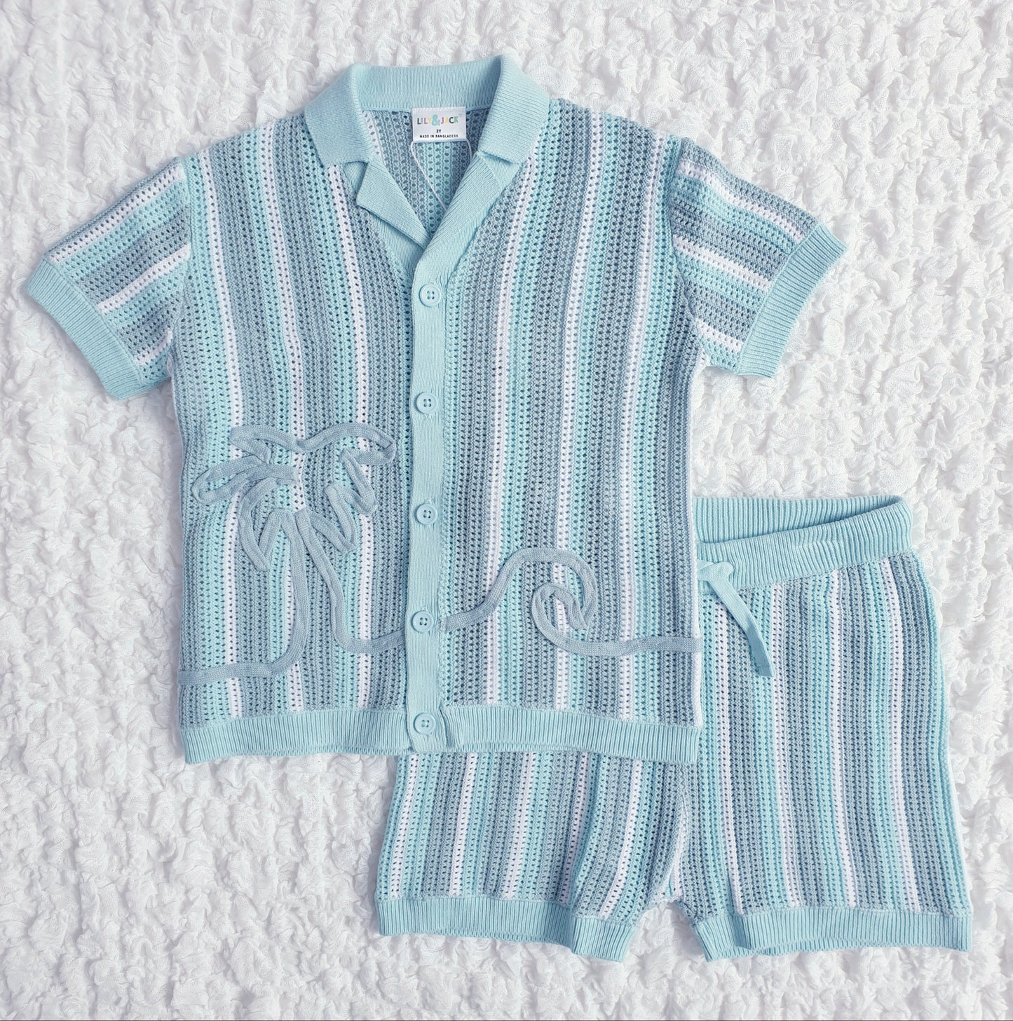 Boys Green Stripe Knit Shorts Set