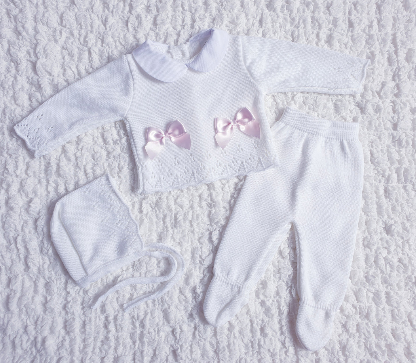 Baby Girls White/Pink Spanish Knitted 3 Piece Box Set