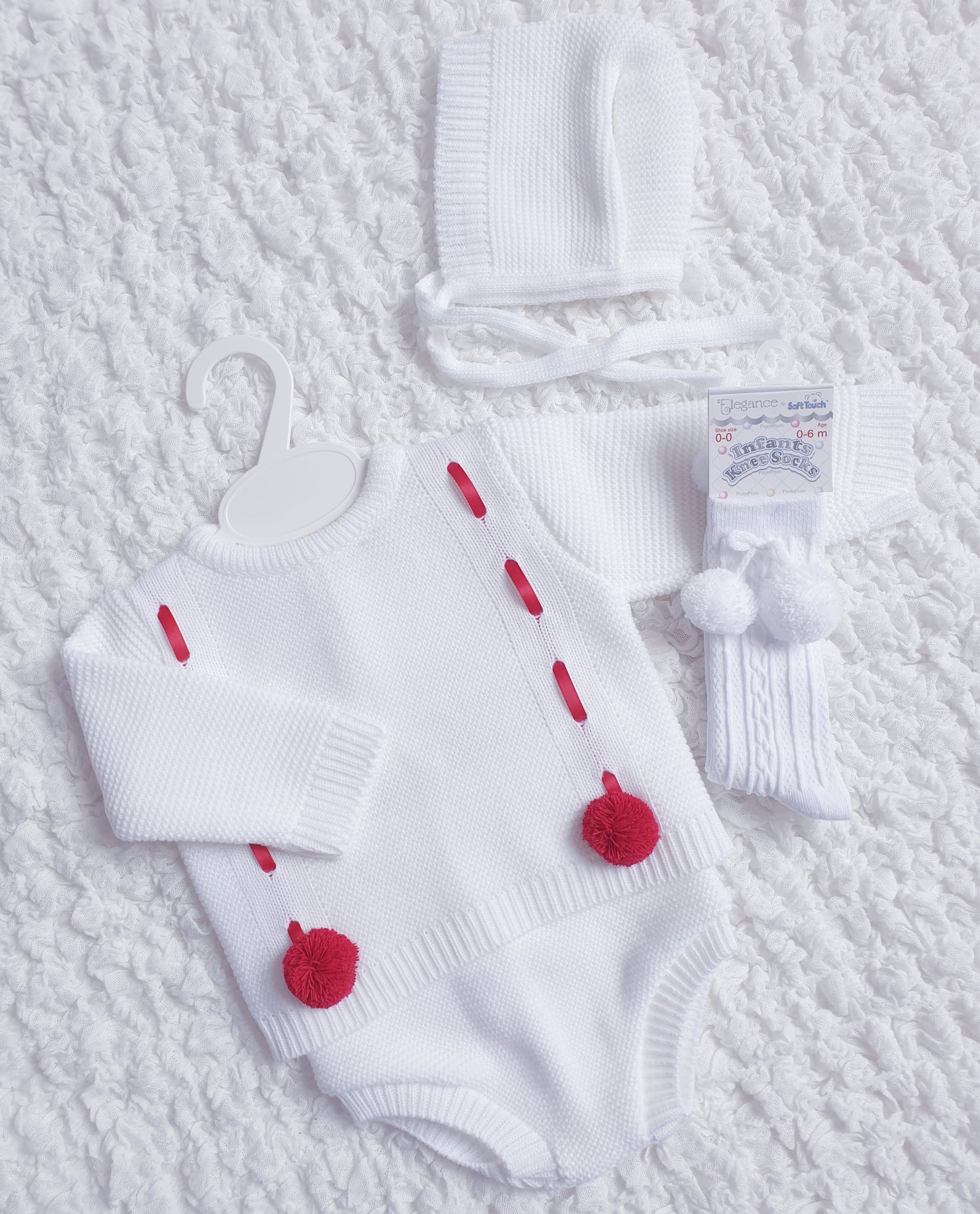 Baby Boys White/Red Spanish Knitted Ribbon Slot Pom Pom Jam Pants Set