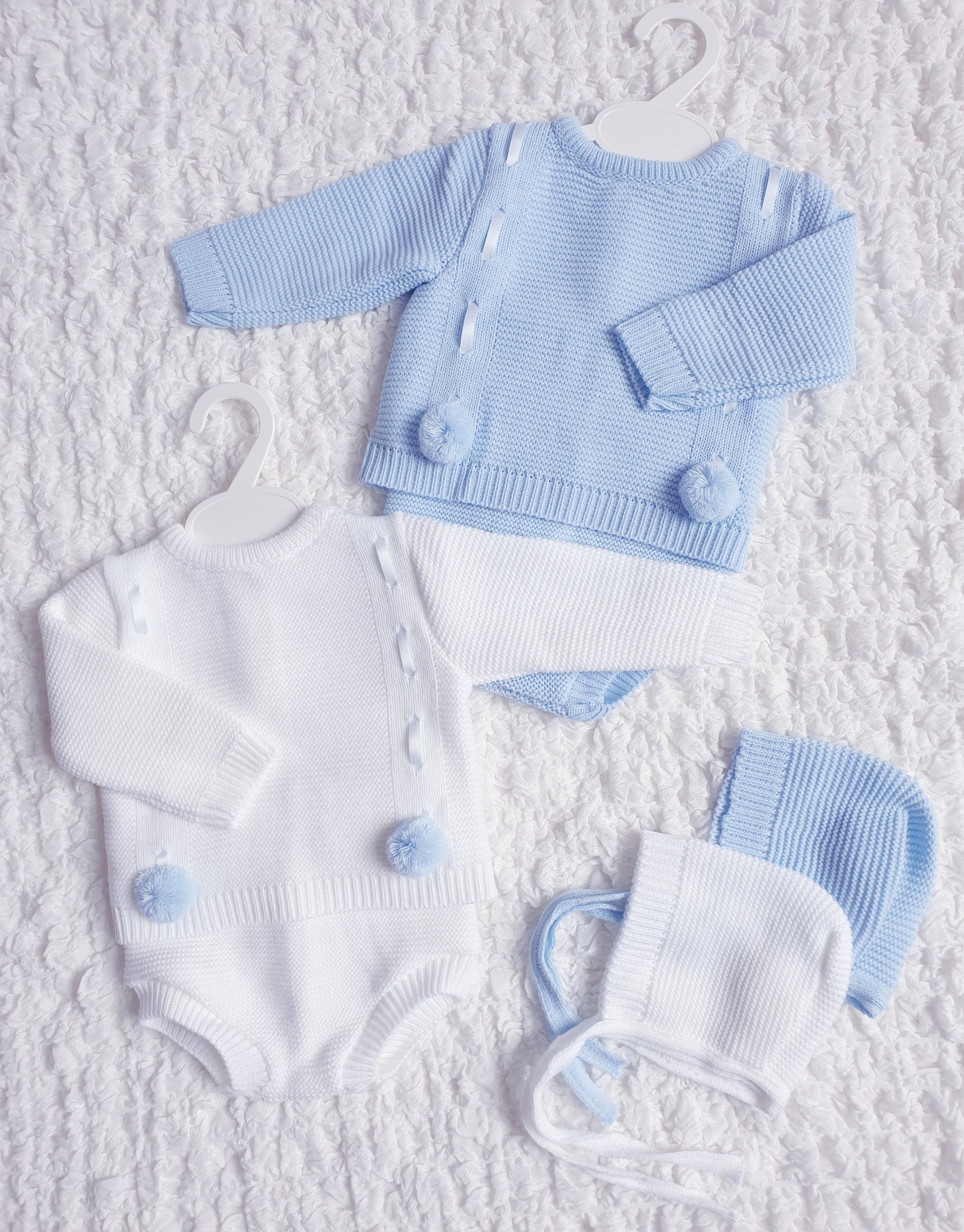 Baby Boys Blue Spanish Knitted Ribbon Slot Pom Pom Jam Pants Set
