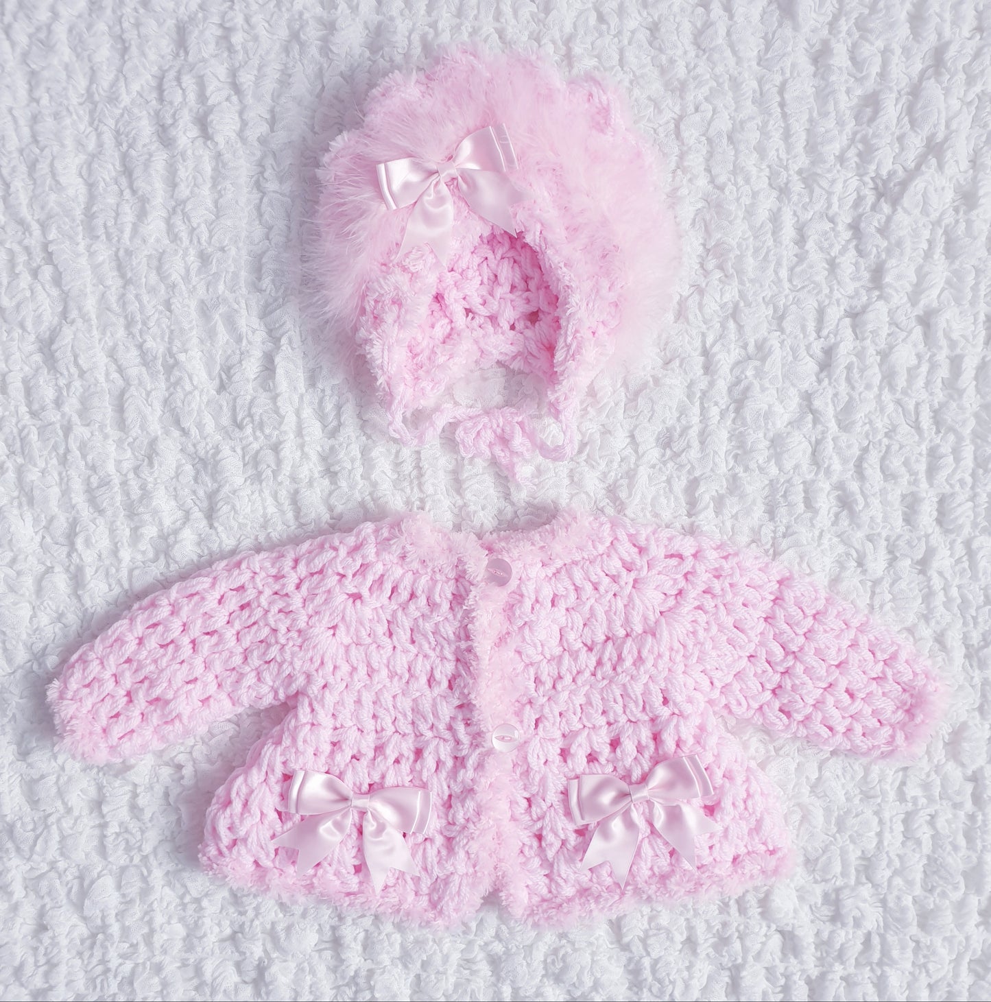 Baby Girls Pink Hand Knitted Cardigan & Hat Set