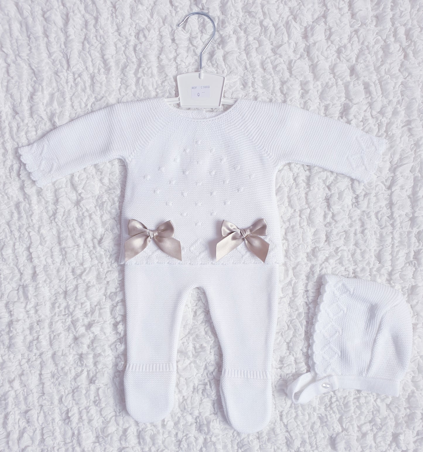 Baby Girls White Beige Double Bow Knitted Set