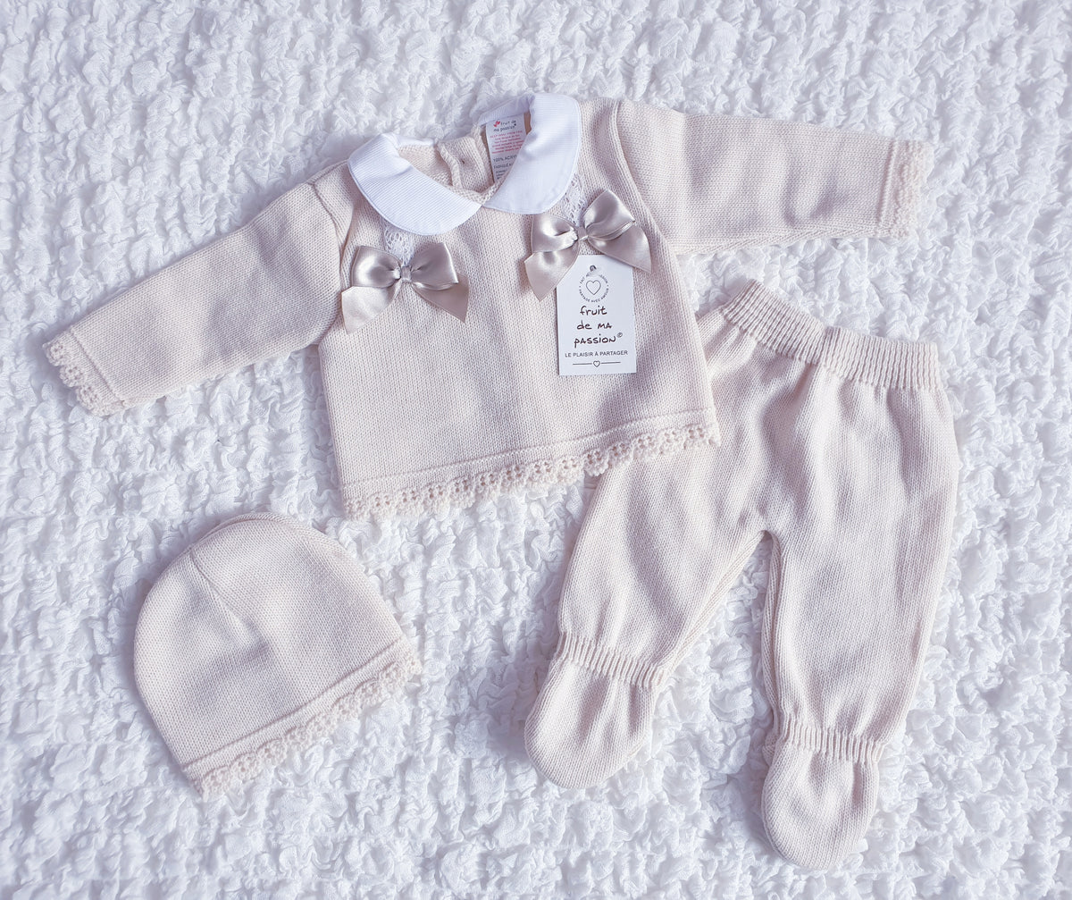 Baby Girls Beige Spanish Knitted 3 Piece Box Set