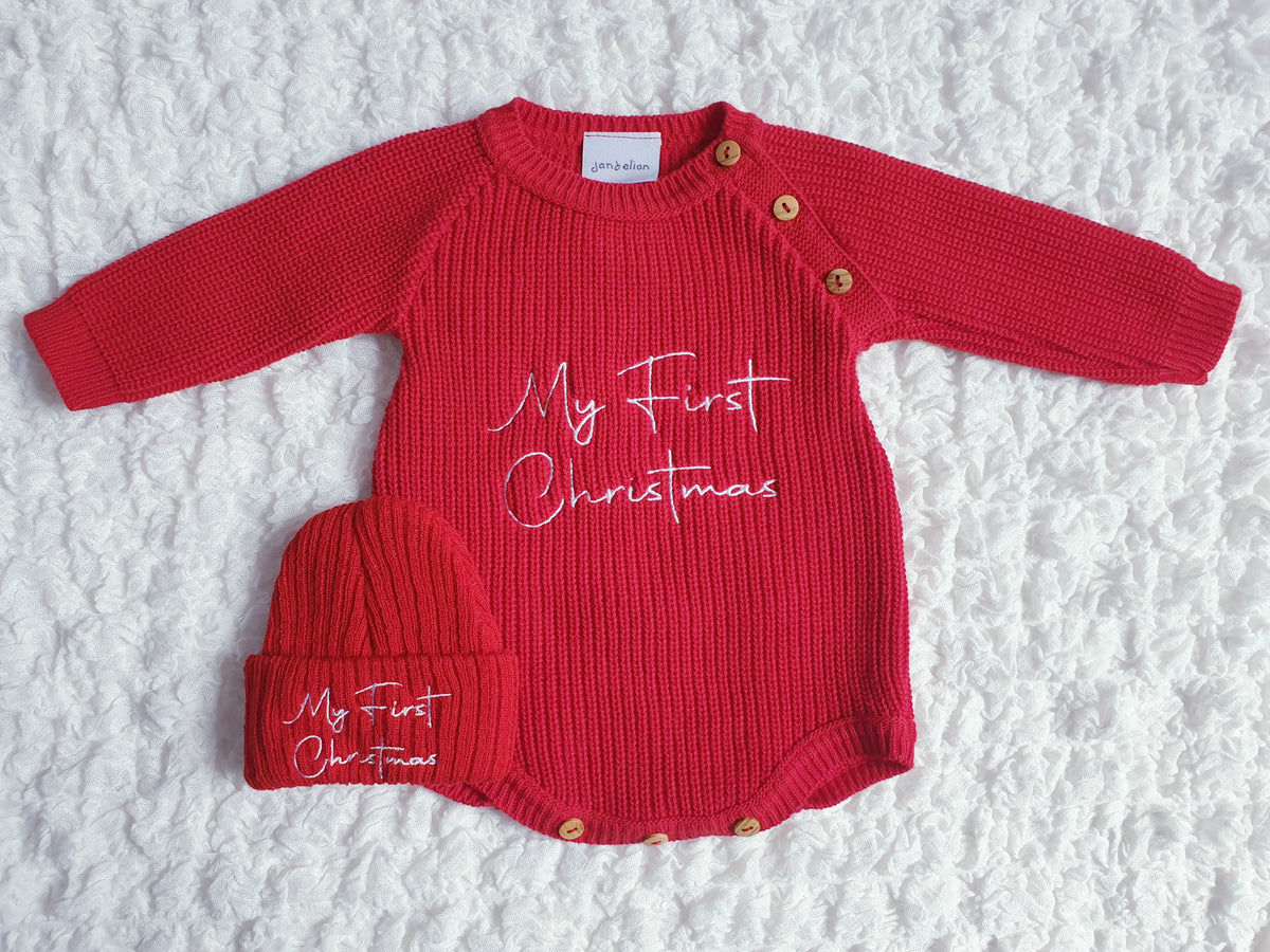 Baby Red My First Christmas Knitted Romper & Hat
