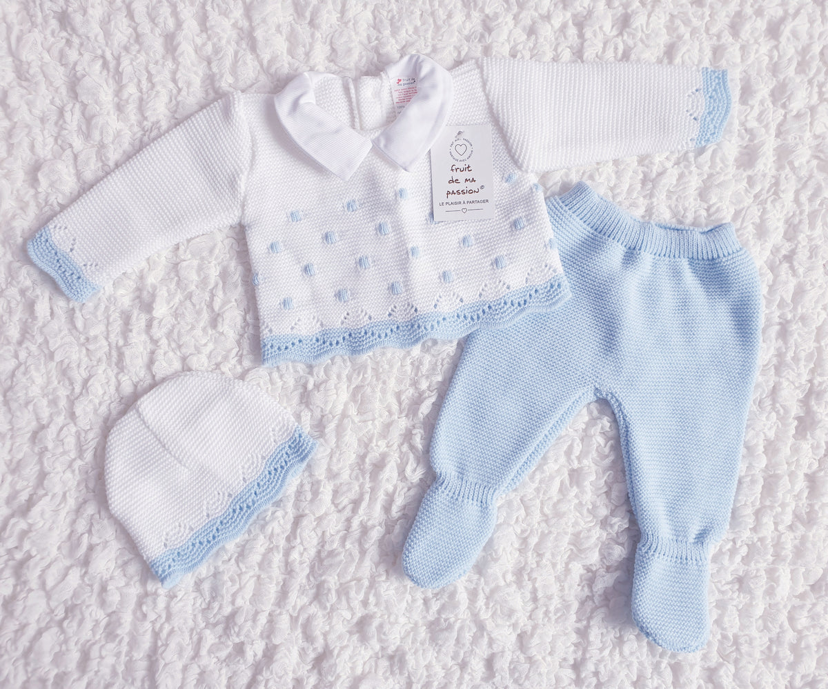 Baby Boys Spanish White/Blue Knitted 3 Piece Box Set