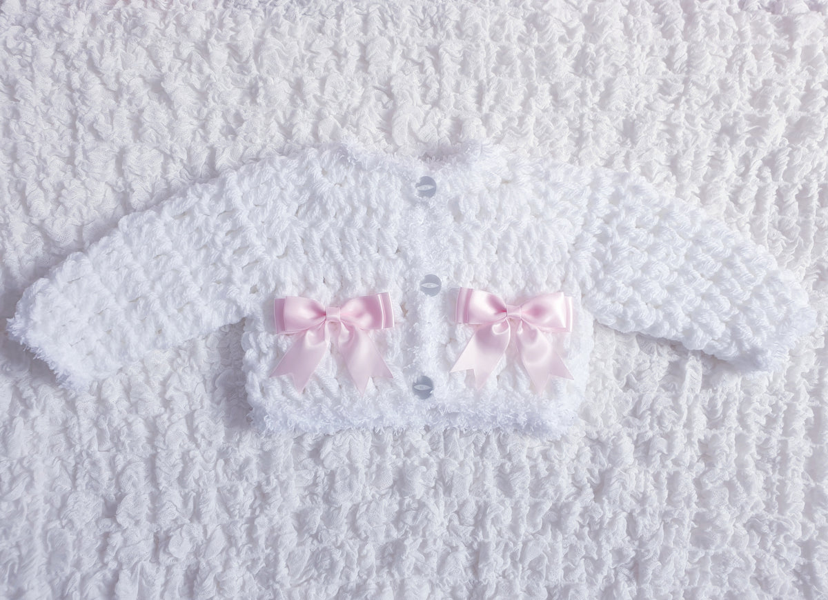 Baby Girls White Pink Bow Hand Knitted Cardigan