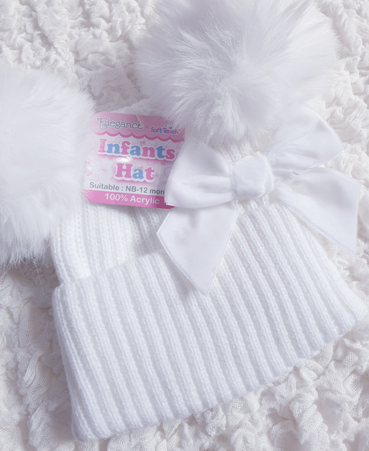 Baby Girls White Double Pom Pom Bow Hat