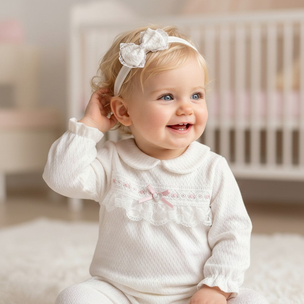 Baby Girls White Lace Bow Babygrow & Headband