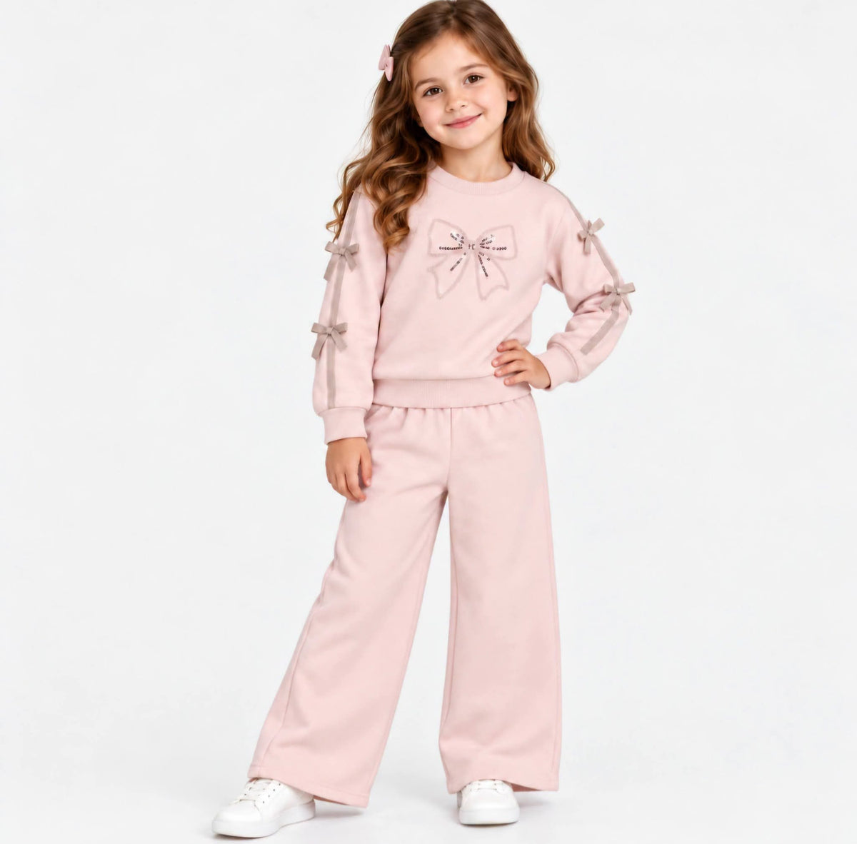 Girls Pink Bow Sweatshirt & Wide Leg Trouser Set