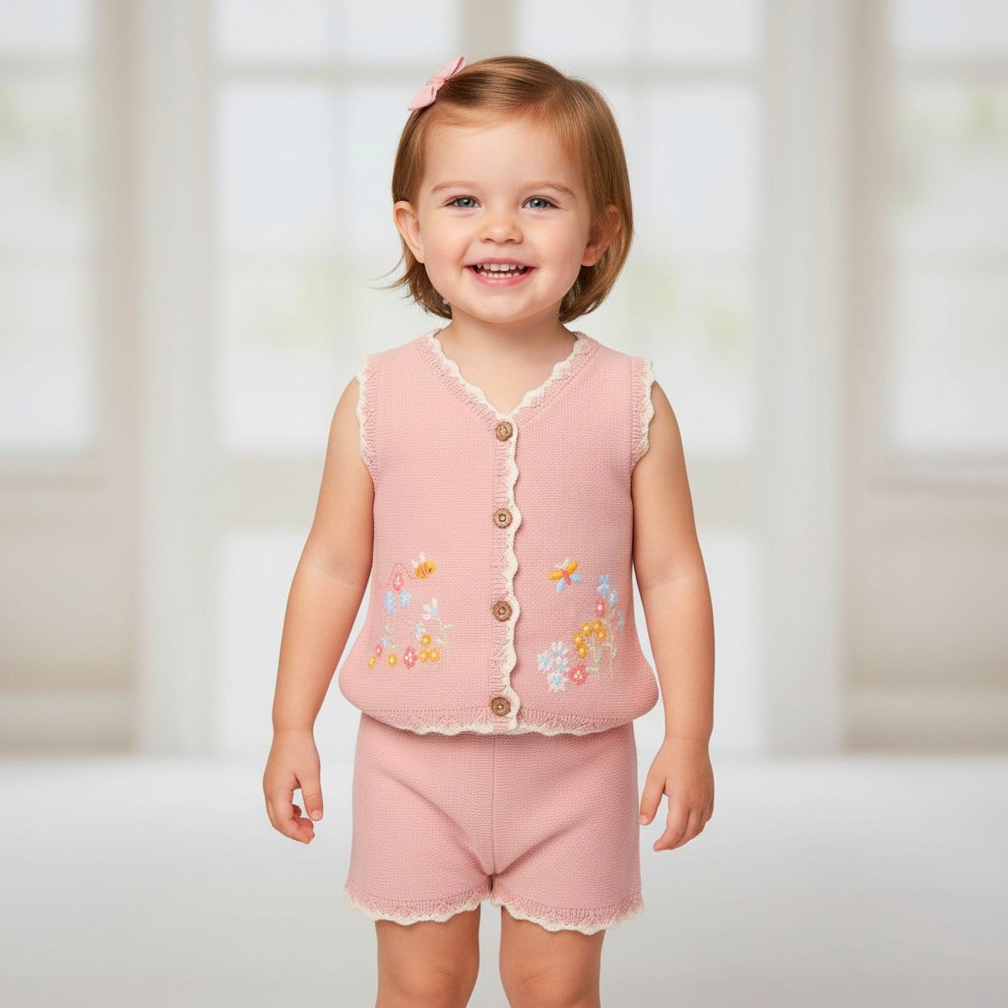 Girls Dusky Pink Knitted Shorts Set