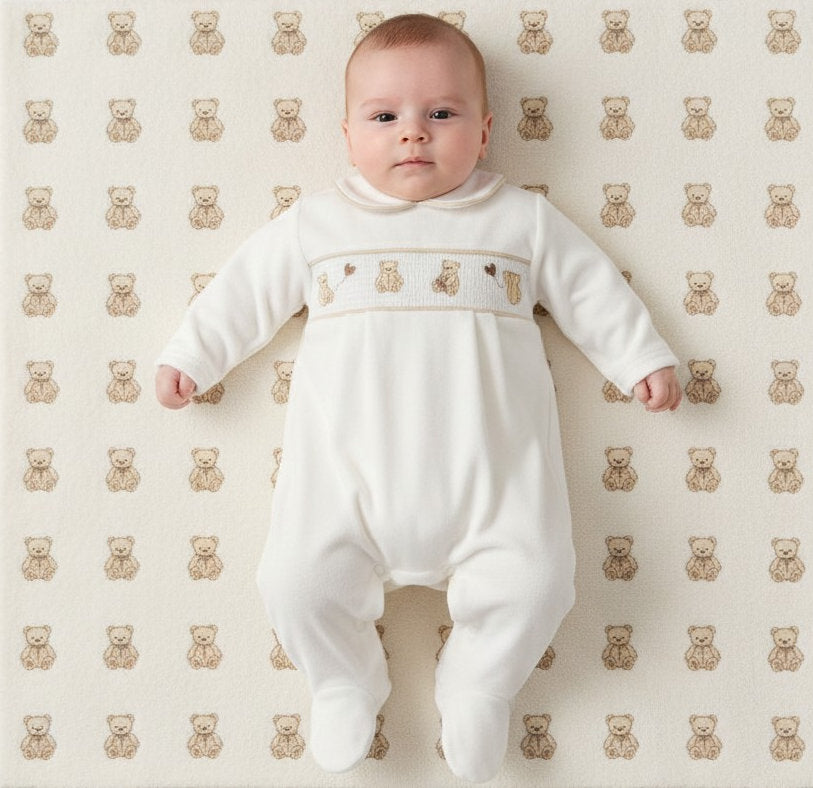 White Velour Teddy Babygrow