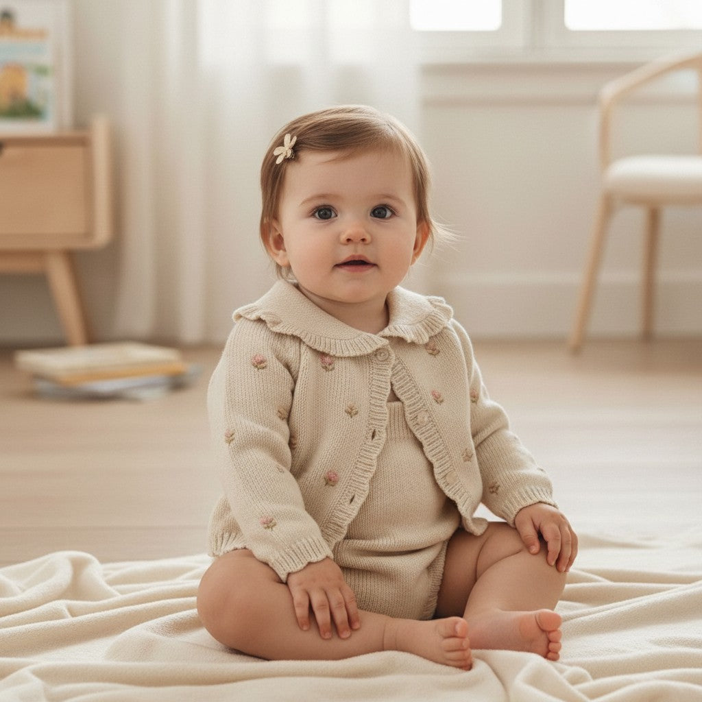 Baby Girls Beige Floral Knitted Cardigan Set