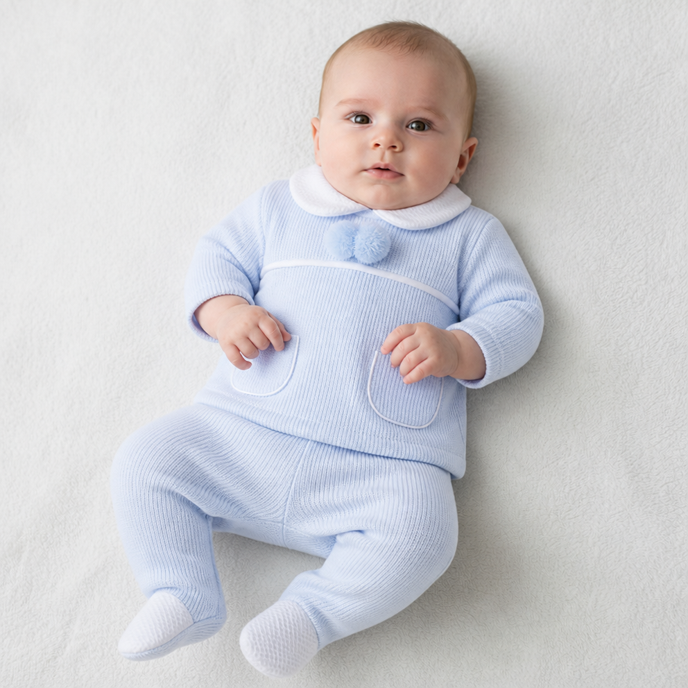 Baby Boys Blue Ribbed Pom Pom Outfit