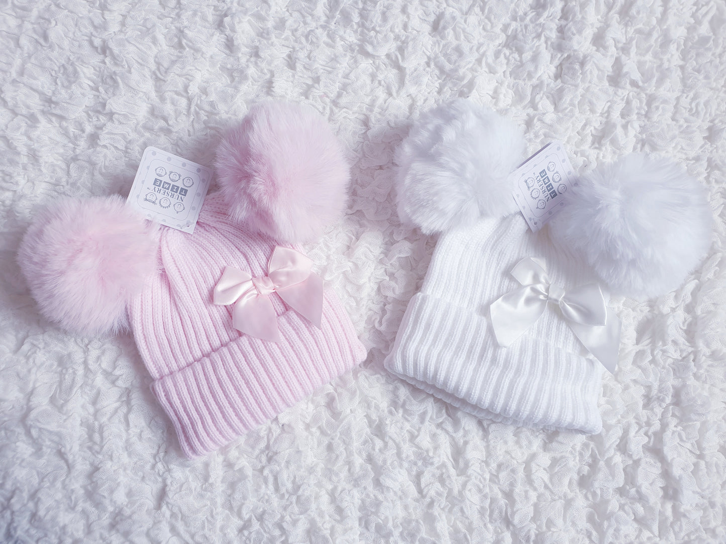 Girls Pink/White Bow Double Pom Hats