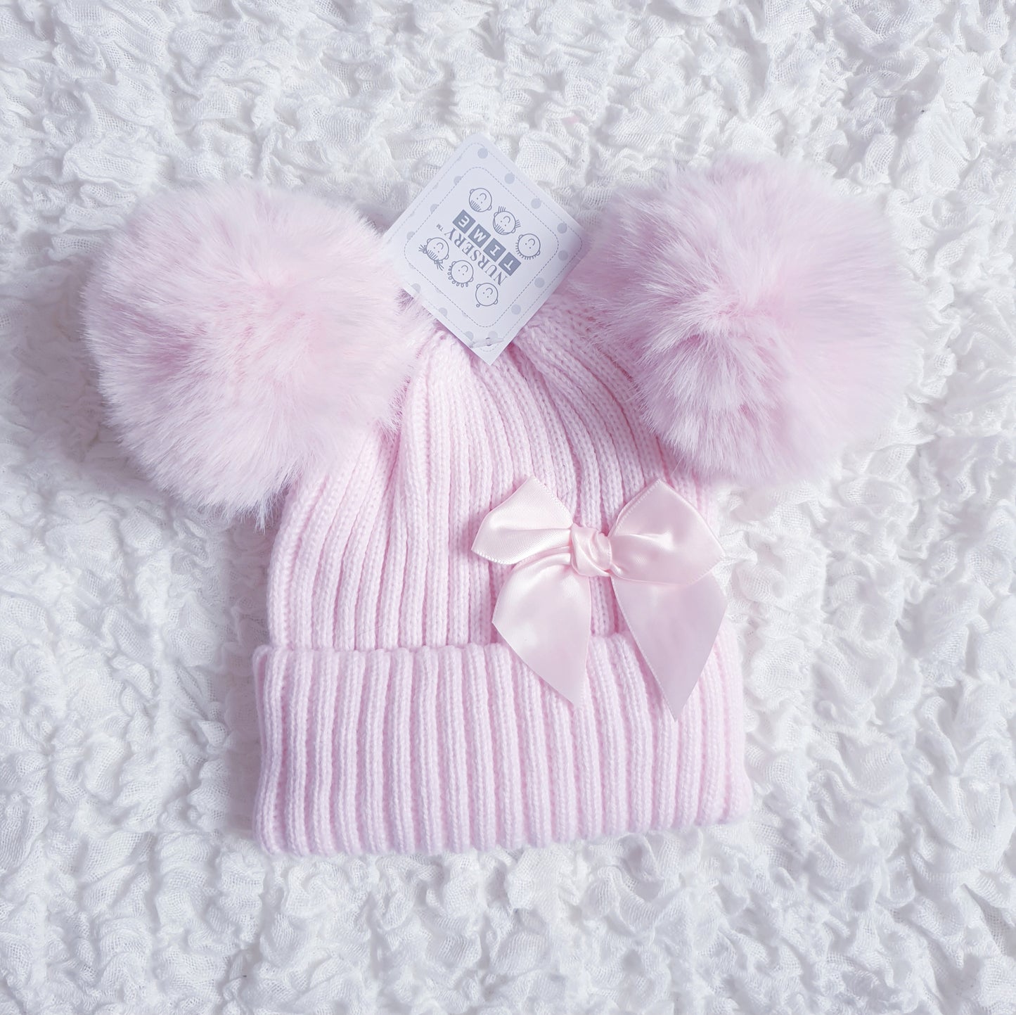 Girls Pink/White Bow Double Pom Hats