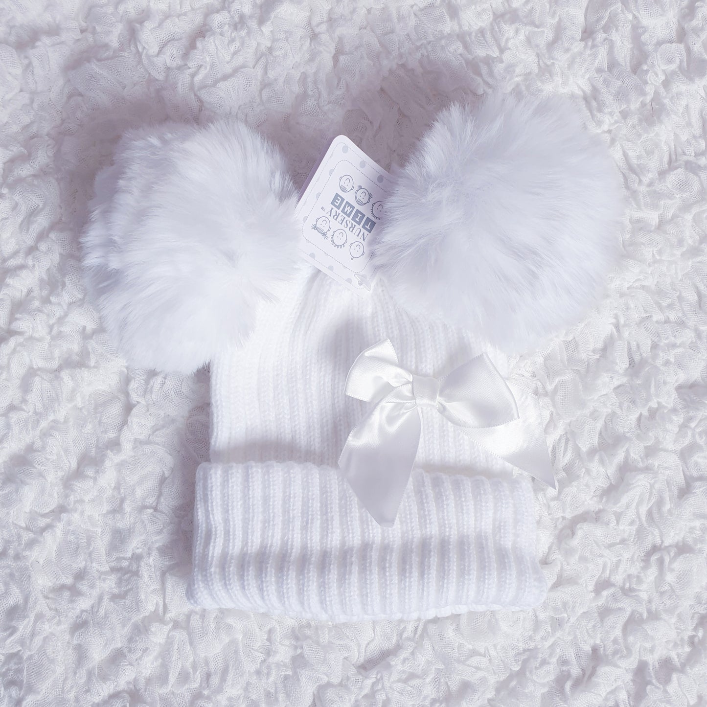 Girls Pink/White Bow Double Pom Hats