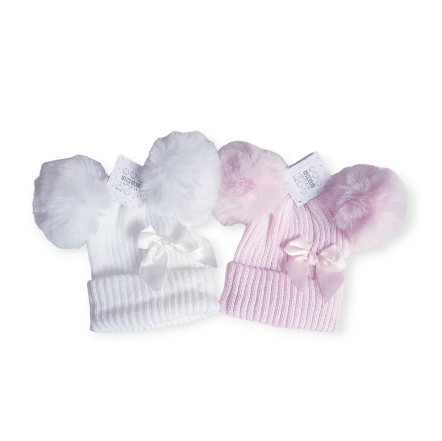 Girls Pink/White Bow Double Pom Hats