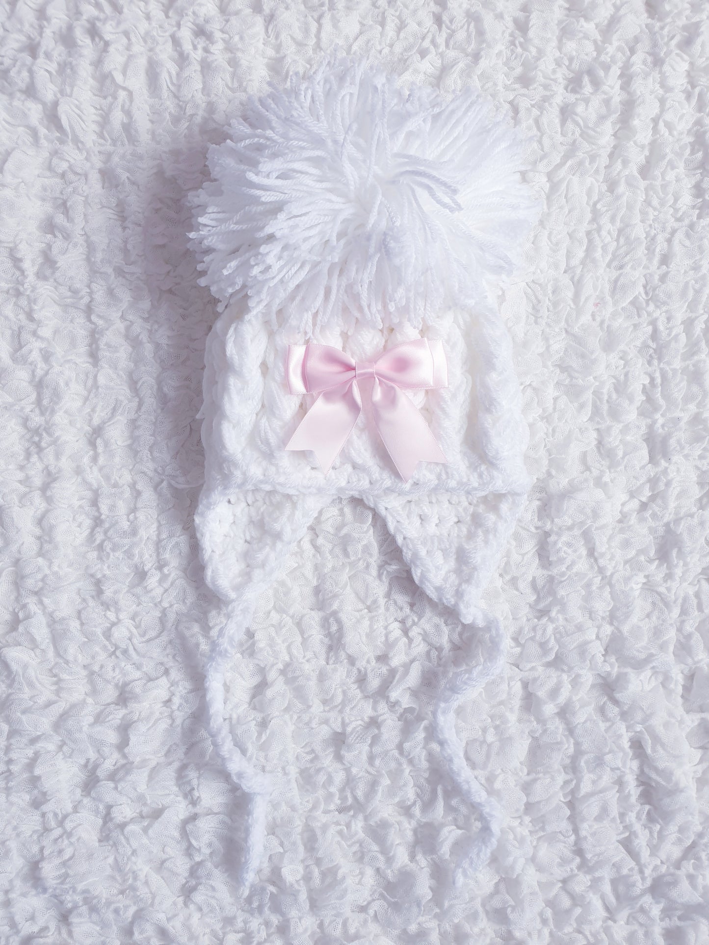 Girls White Hand Knitted Pom Pom Hat