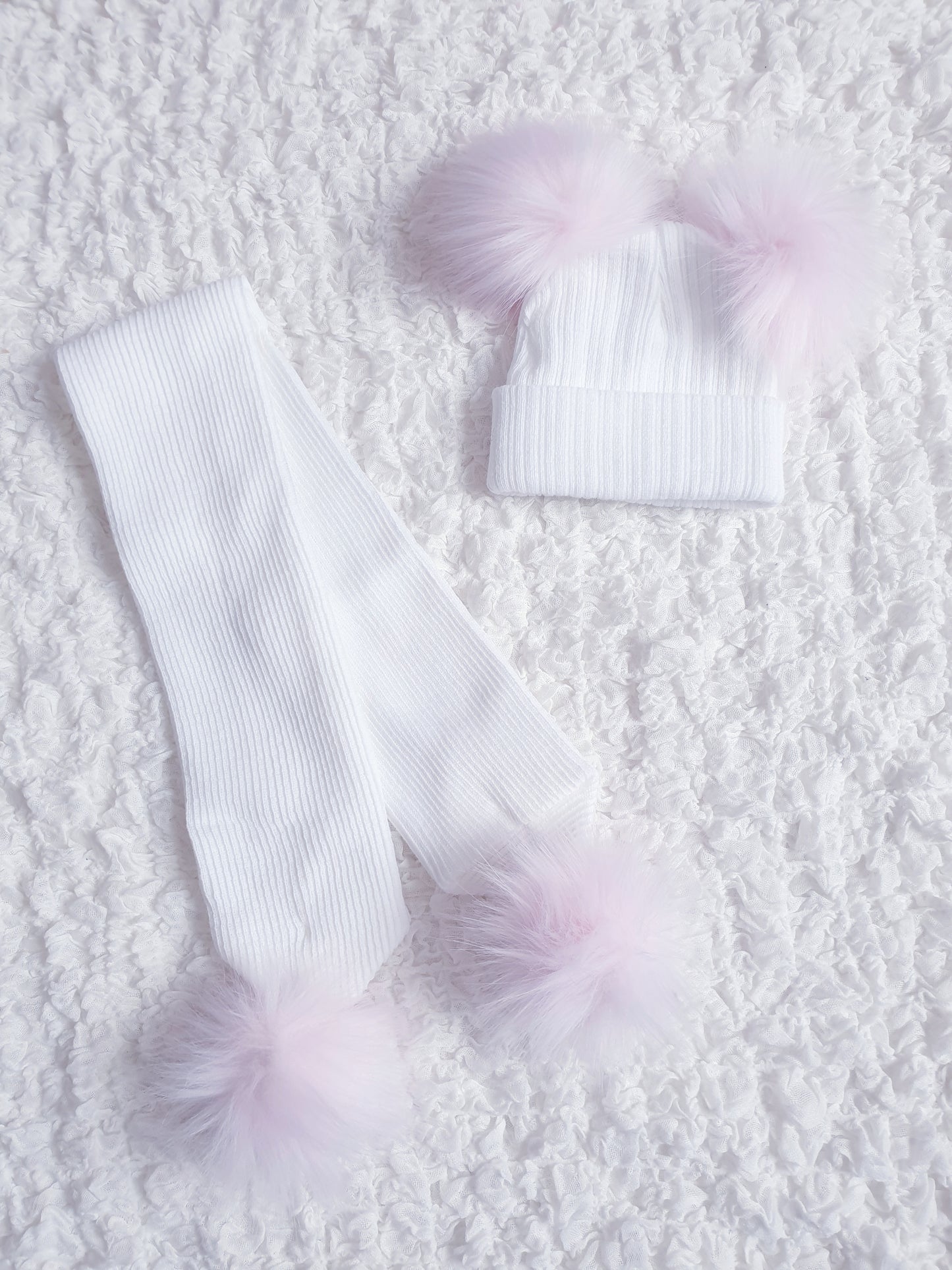 White/Pink Faux Fur Double Pom Hat & Scarf (sold separately)