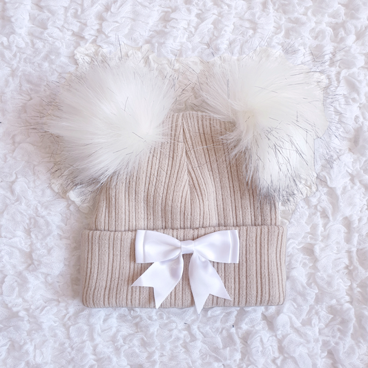 Beige Double Pom Pom Bow Hat