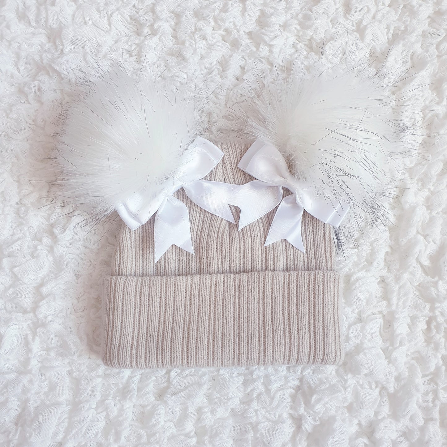 Beige Double Pom Hat with White Bows