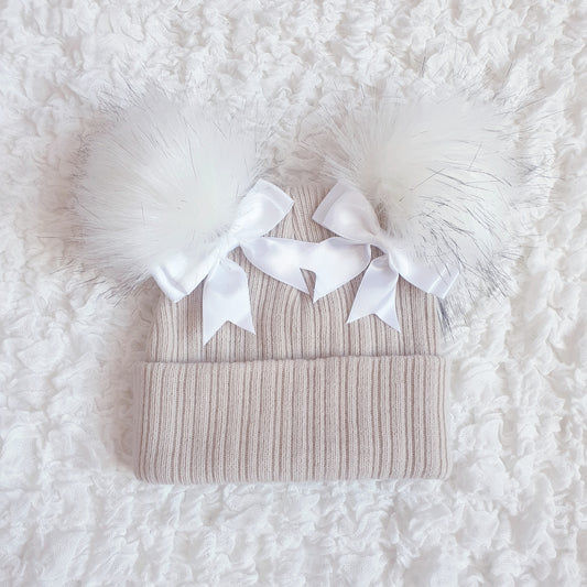 Beige Double Pom Hat with White Bows