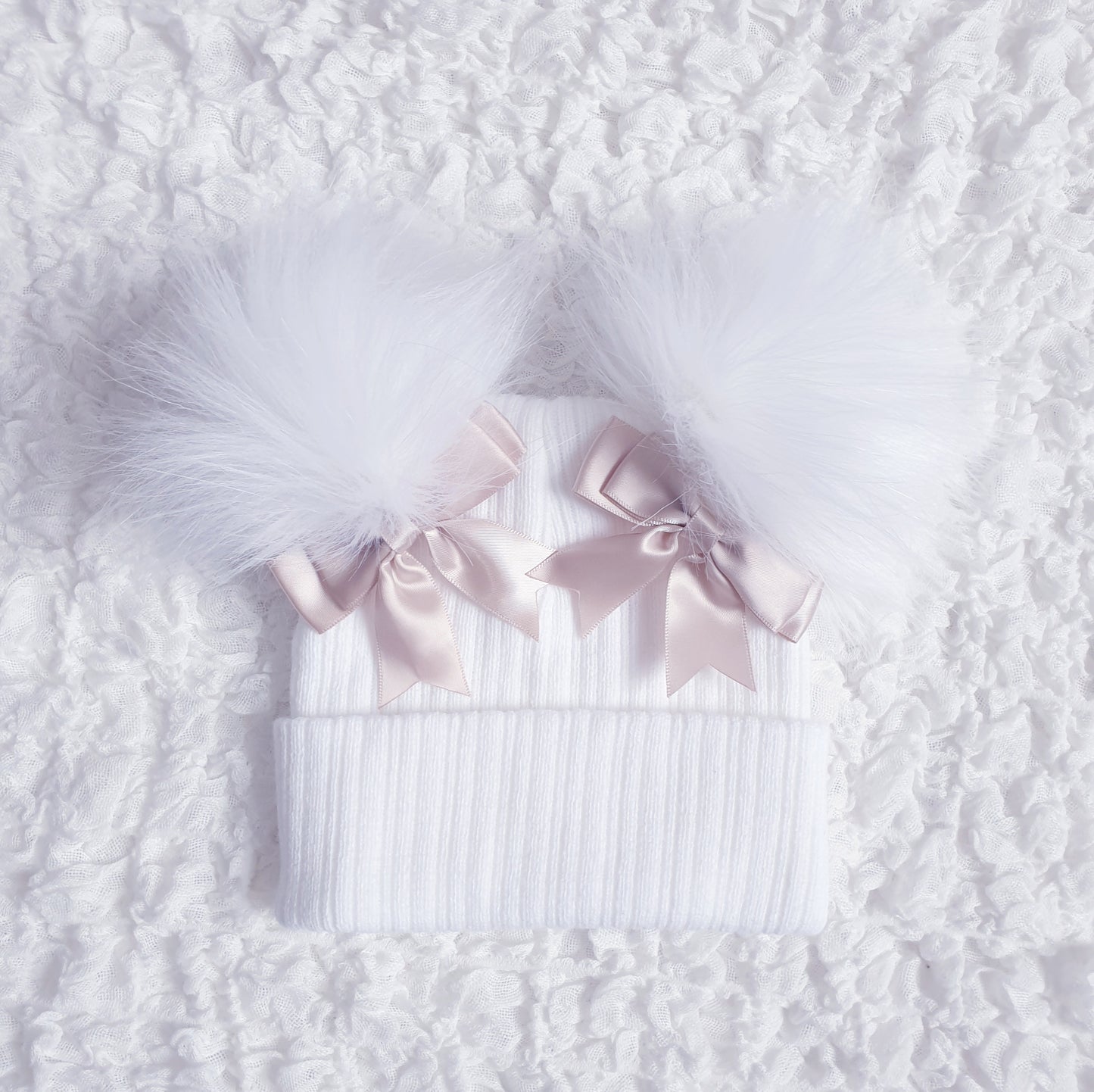 White Double Pom Hat with Beige Bows