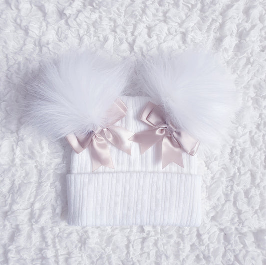 White Double Pom Hat with Beige Bows