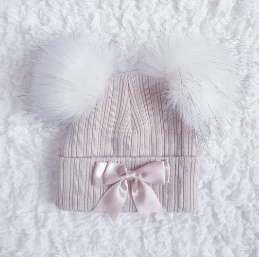 Beige Double Pom Bow Hat