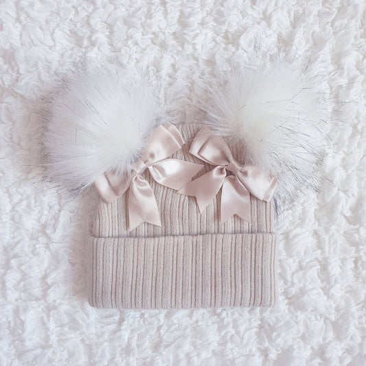 Beige Double Pom Hat with Beige Bows