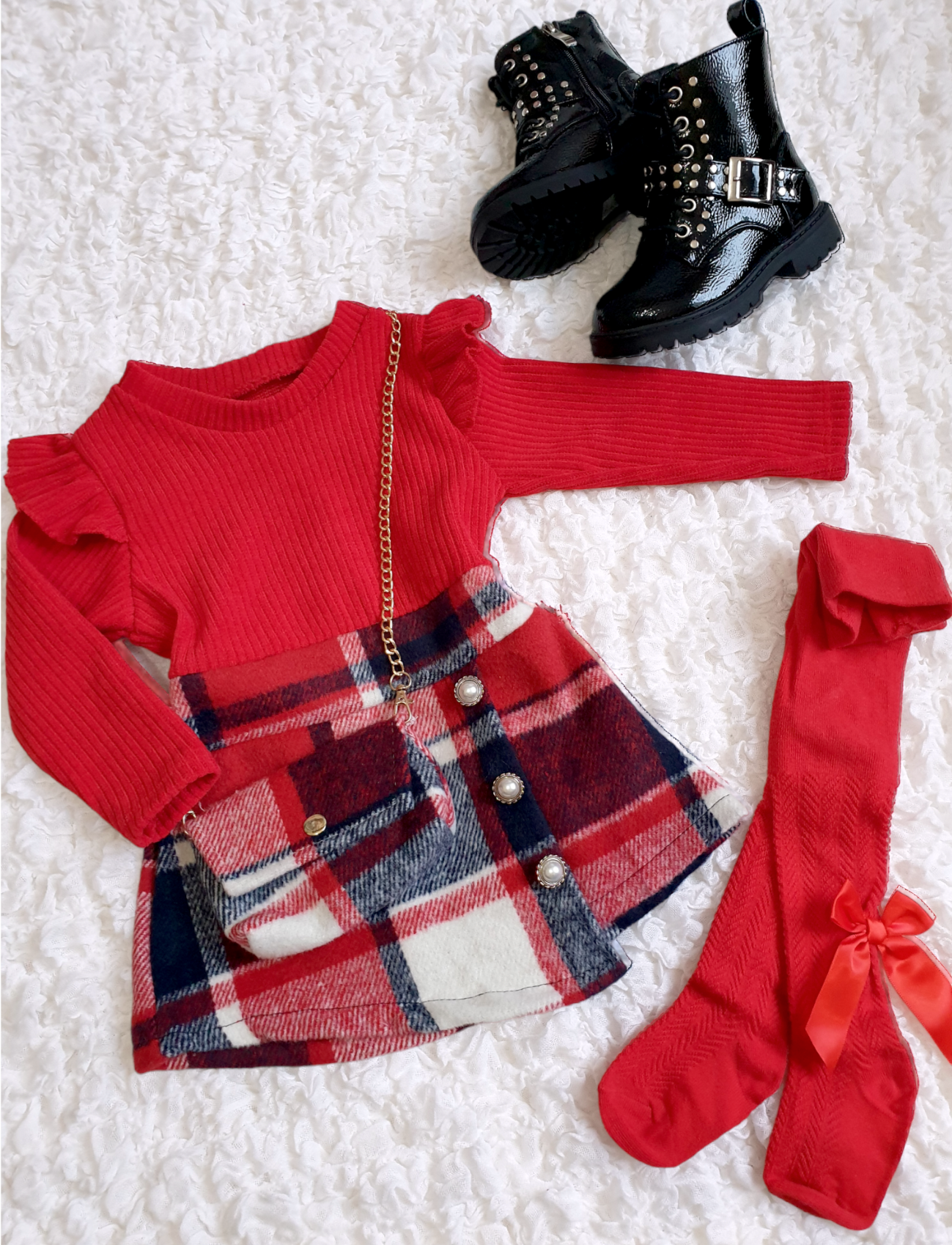 Girls Red Plaid Skirt Dress & Bag