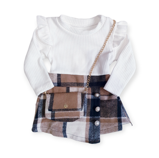 Girls Plaid Skirt Dress & Bag