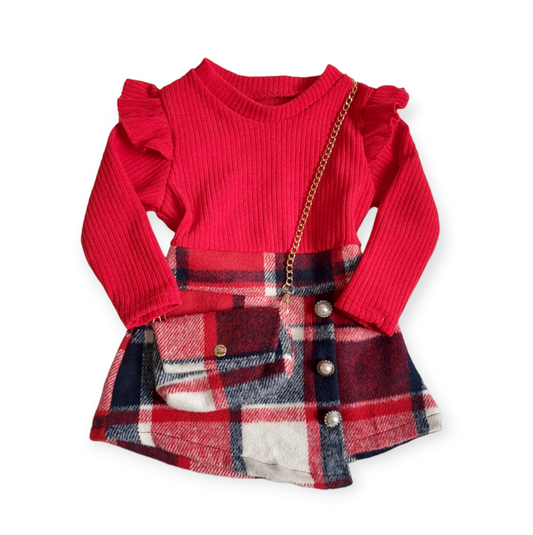 Girls Red Plaid Skirt Dress & Bag