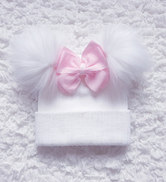 White Pink Double Pom Bow Hat