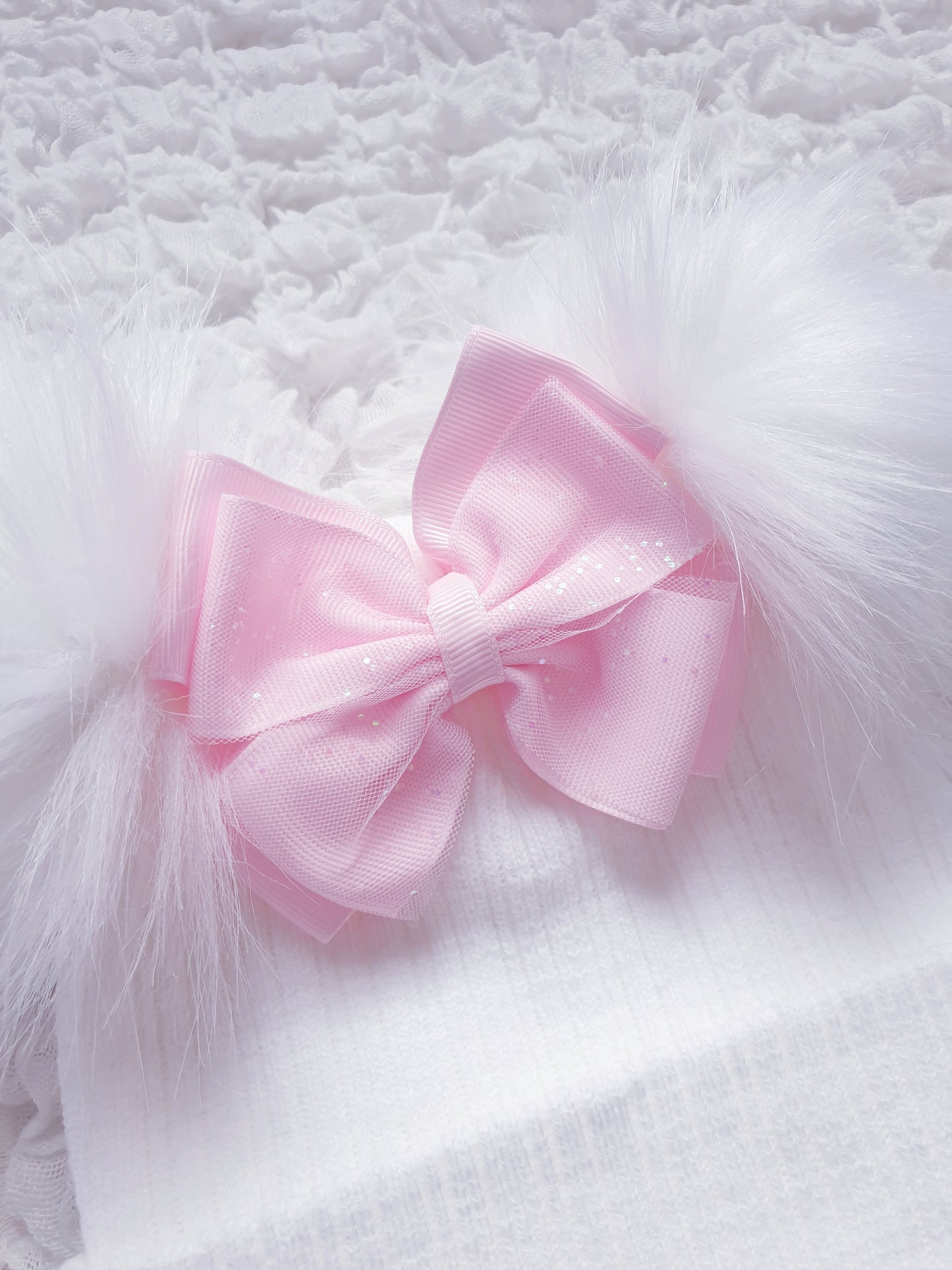 White Pink Double Pom Bow Hat