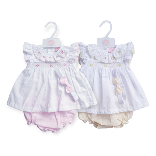 Baby Girls Pink/Lemon Smocked Flowers Summer Dress Set