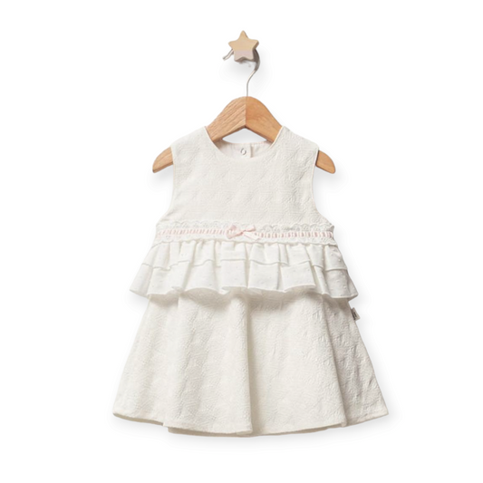 Girls Ivory Frilled Dress with Pink Ribbon Slot Bow